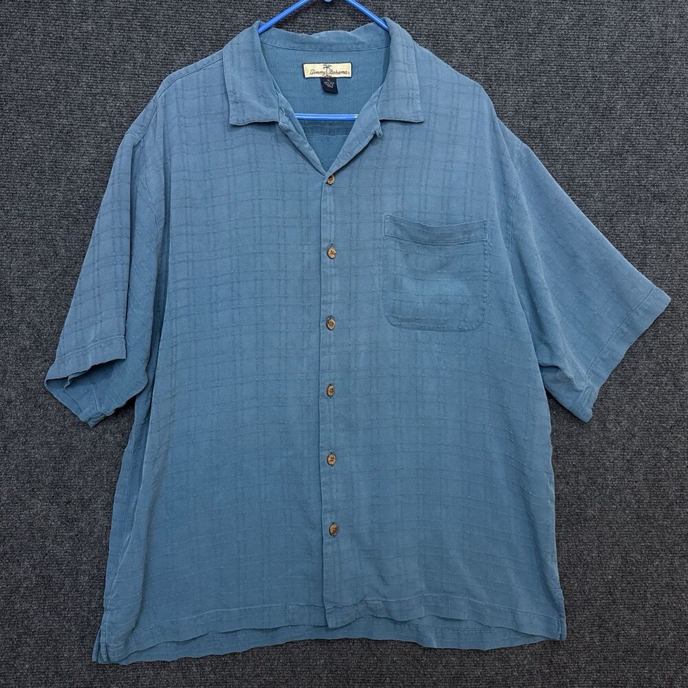 Tommy Bahama Hawaiian Shirt Mens Large Floral Button Up Blue Aloha Silk